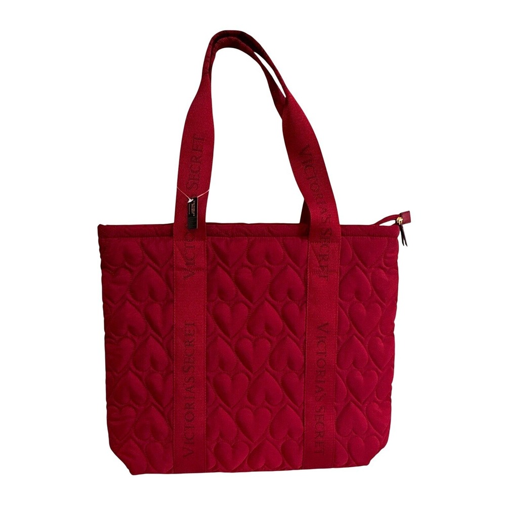 Victoria's Secret Red Quilted Heart Tote Bag Zip Top Lined Gold Hardware NWT